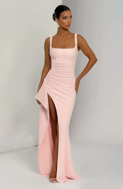 Pleated High Slit Stretch Crepe Maxi Dress in Pink