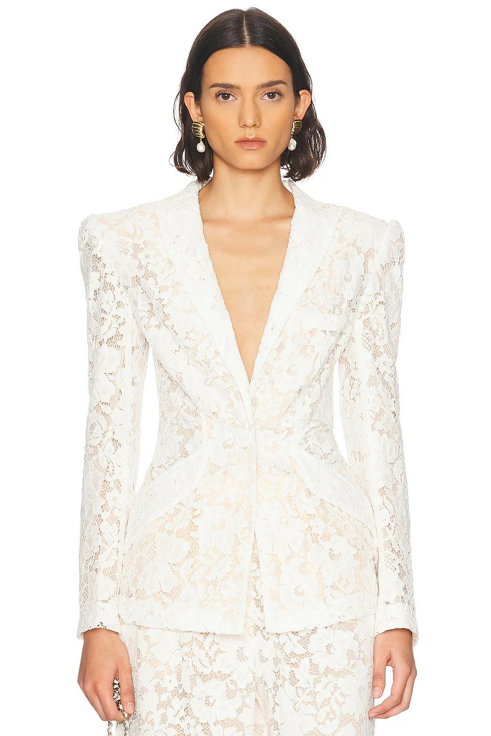 elvira v-neck Lace Blazer set in white Avalabel