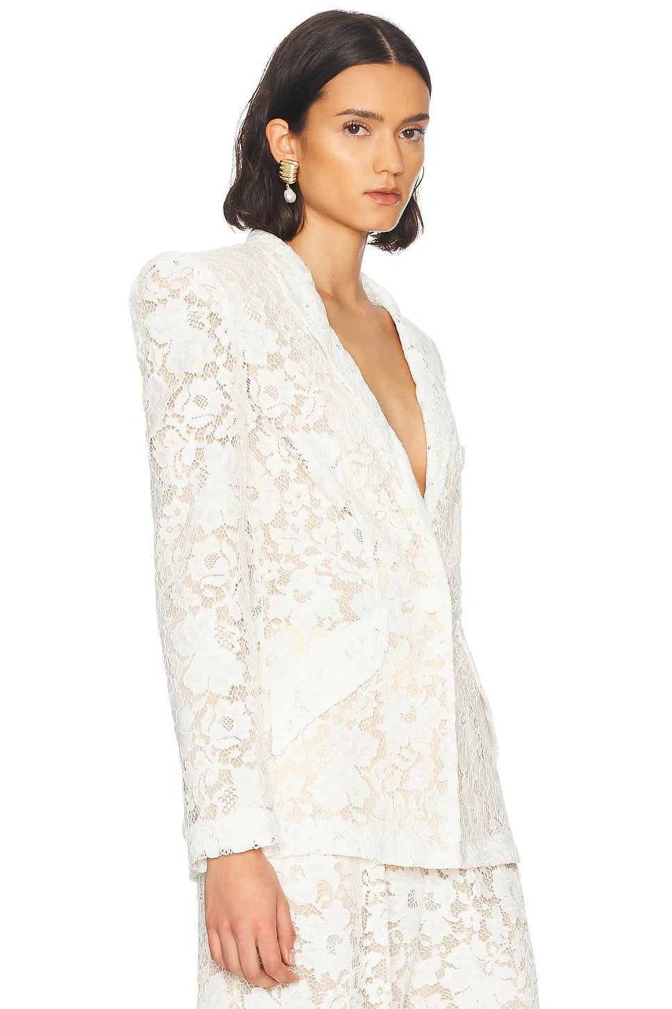 elvira v-neck Lace Blazer set in white Avalabel