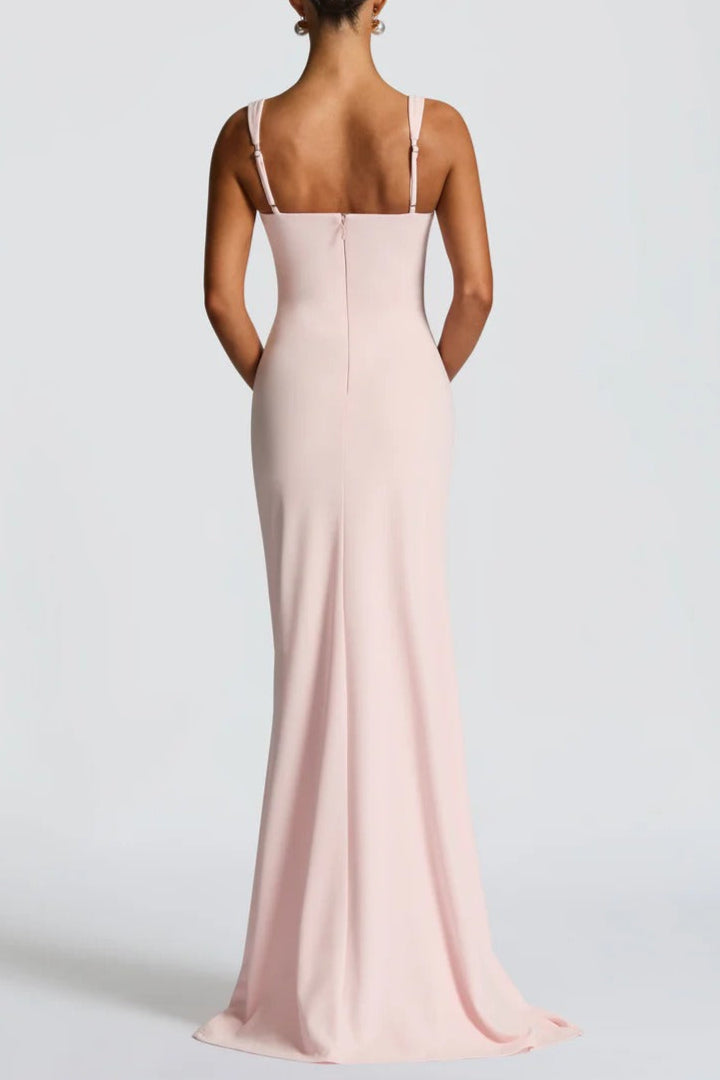 Pleated High Slit Stretch Crepe Maxi Dress in Pink Avalabel