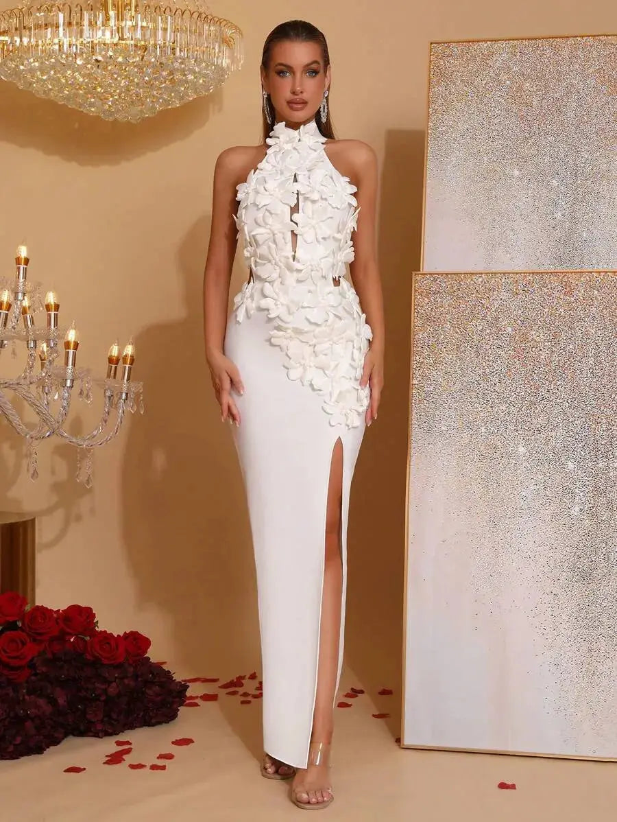 celeste 3d flower halter high slit backless maxi Dress in white Avalabel
