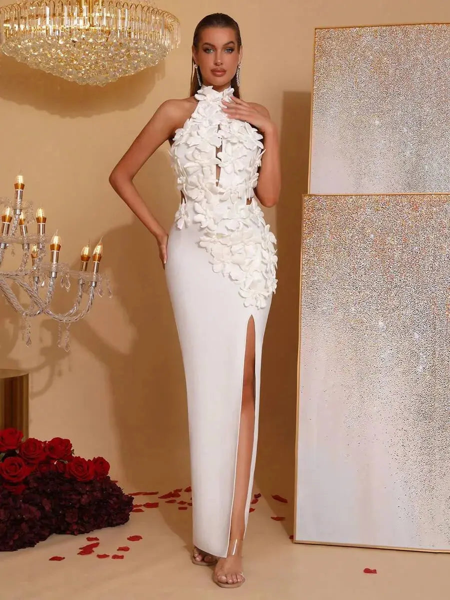 celeste 3d flower halter high slit backless maxi Dress in white Avalabel