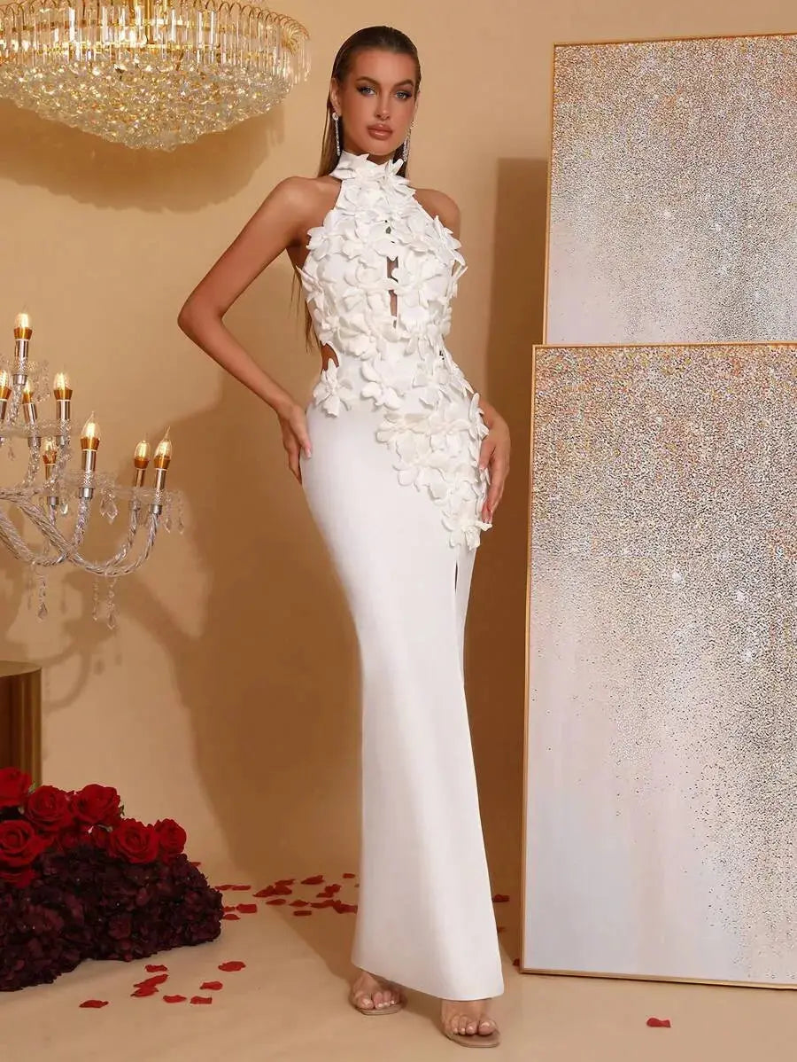 celeste 3d flower halter high slit backless maxi Dress in white Avalabel
