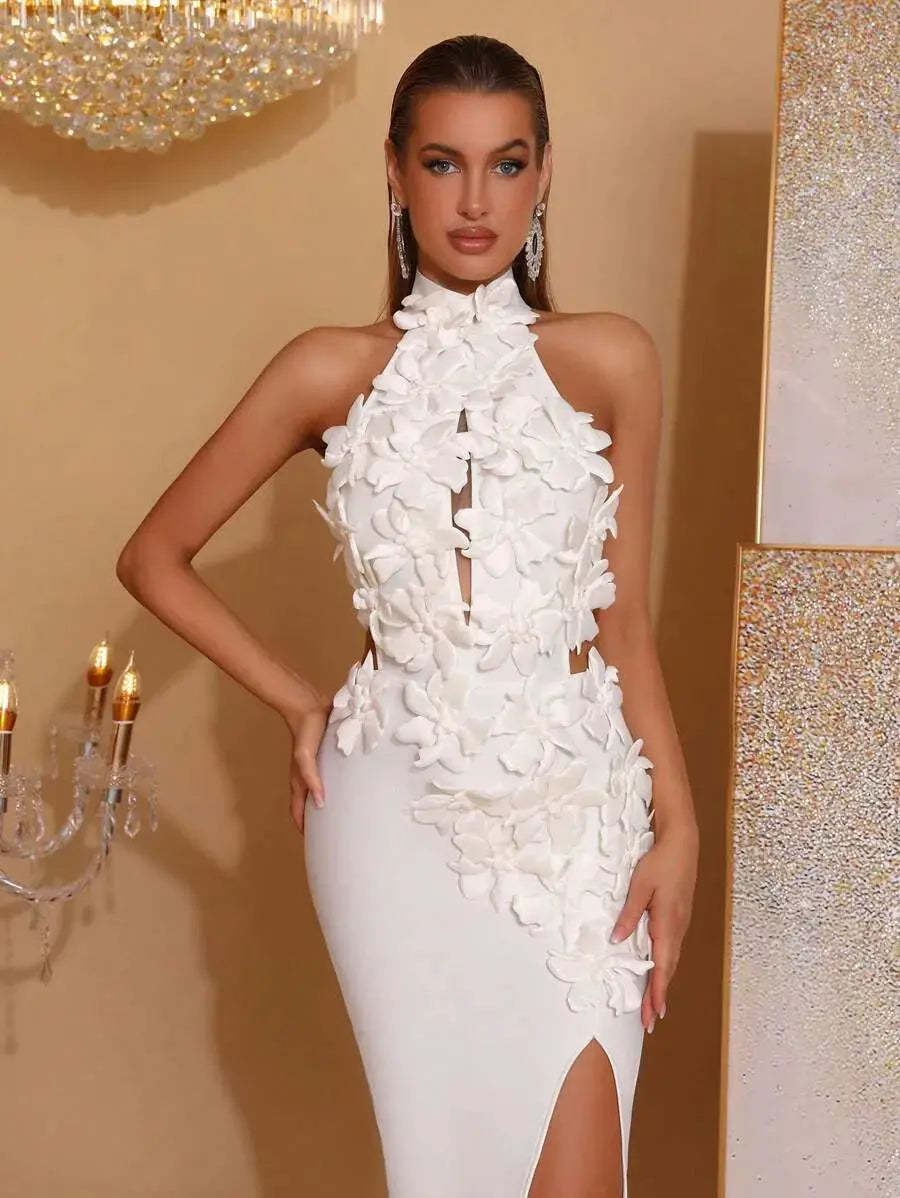 celeste 3d flower halter high slit backless maxi Dress in white Avalabel
