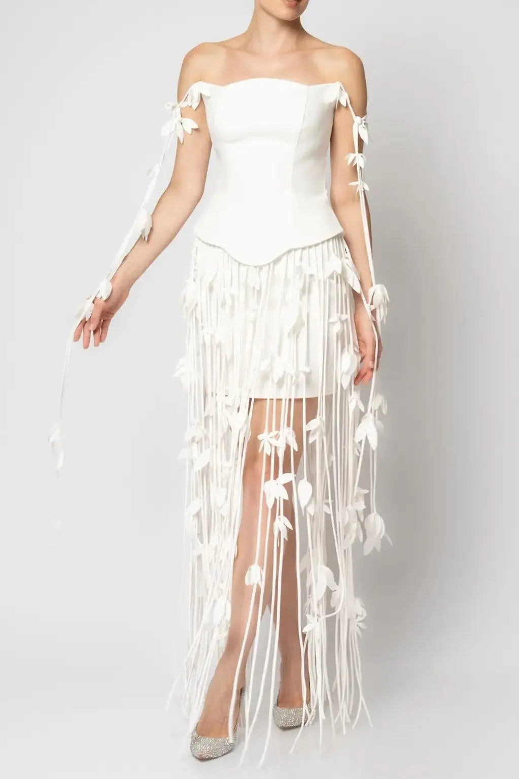 hilary white flower tassel strapless mini dress Avalabel