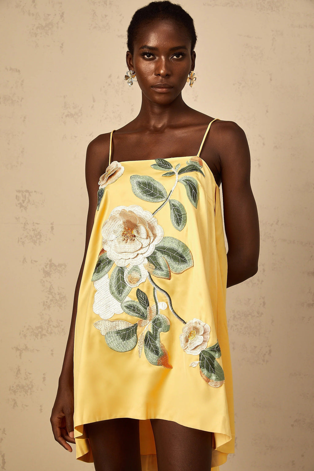 Edwina Applique Floral Embroidered Mini Dress in Yellow Avalabel