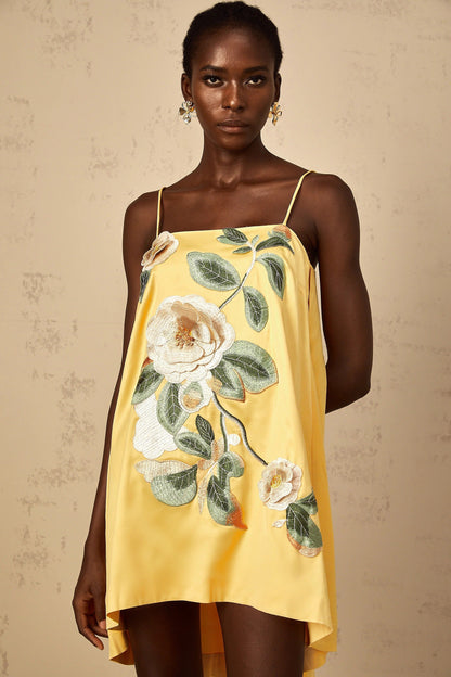 Edwina Applique Floral Embroidered Mini Dress in Yellow