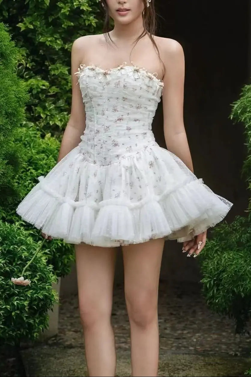 irene floral print strapless tulle mini dress in white Avalabel