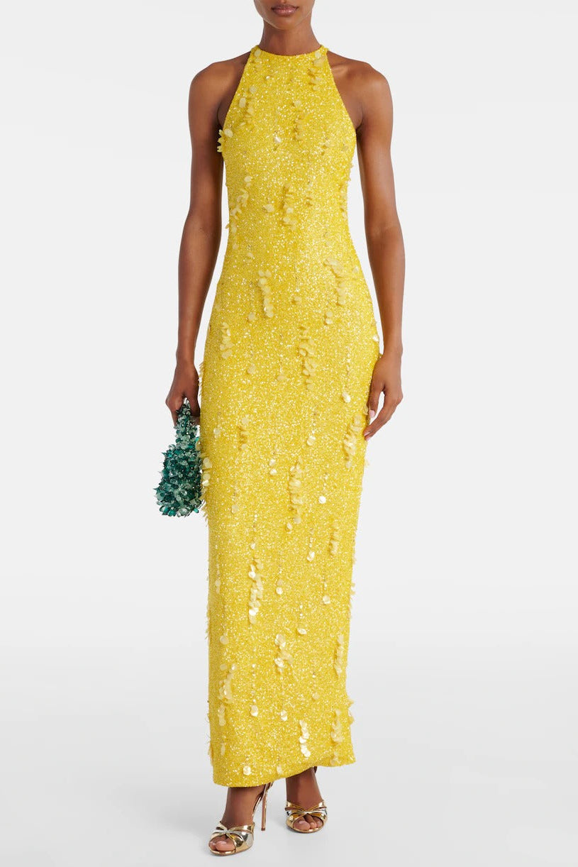 kelly beaded sequined sleeveless maxi dress in yellow Avalabel