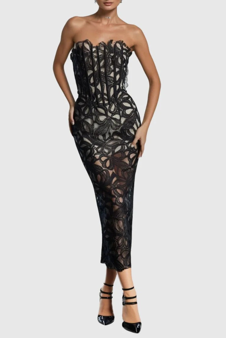 Letitia Strapless Flower Embroidered Midi Dress Avalabel