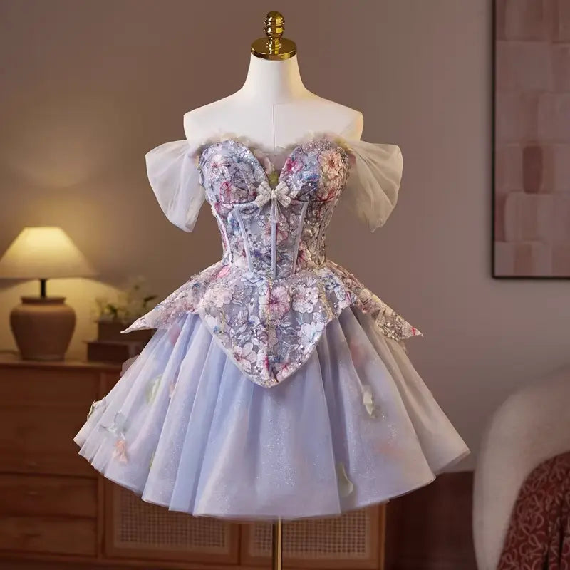 Kelly Floral Print Embroidery Tulle Puffy Mini Dress Avalabel