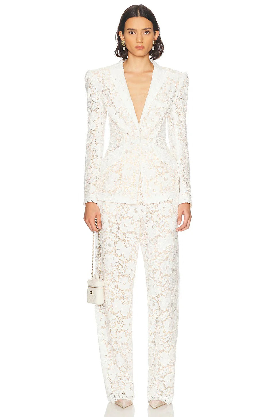 elvira v-neck Lace Blazer set in white Avalabel