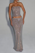 Mirabelle Sequin Tube Top Maxi Skirt Suit in Silver Avalabel
