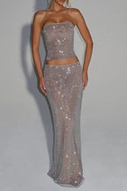 Mirabelle Sequin Tube Top Maxi Skirt Suit in Silver Avalabel