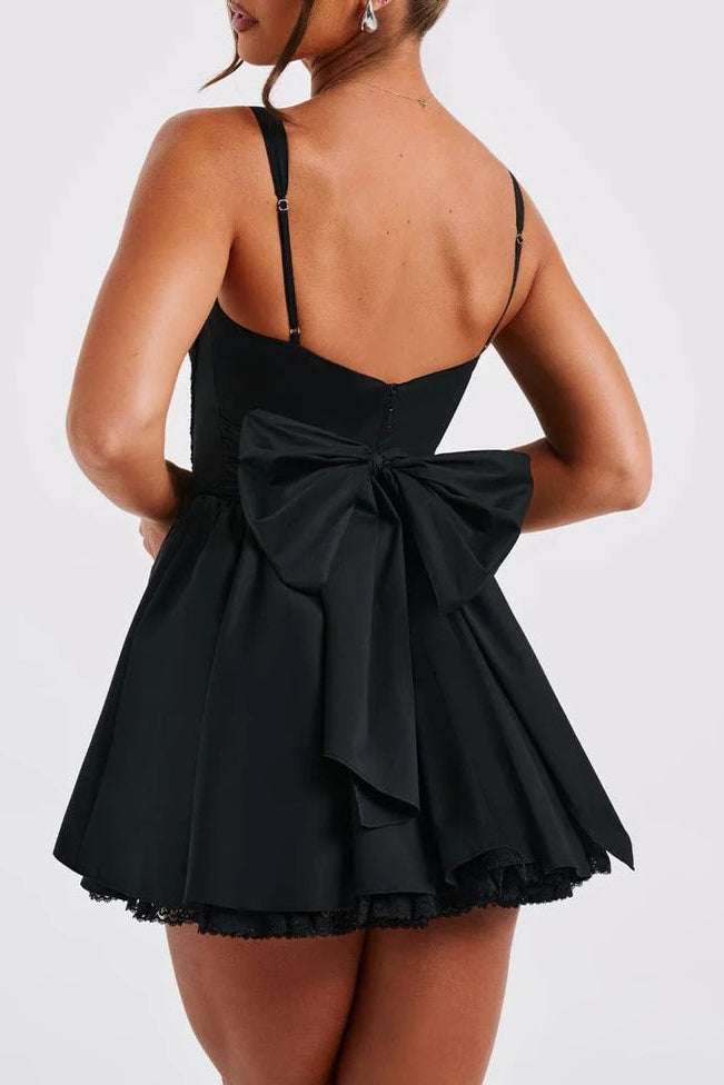 Lace Ruffle Trim Corset Mini Dress in Black Avalabel