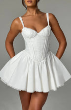 Lace Ruffle Trim Corset Mini Dress in White Avalabel