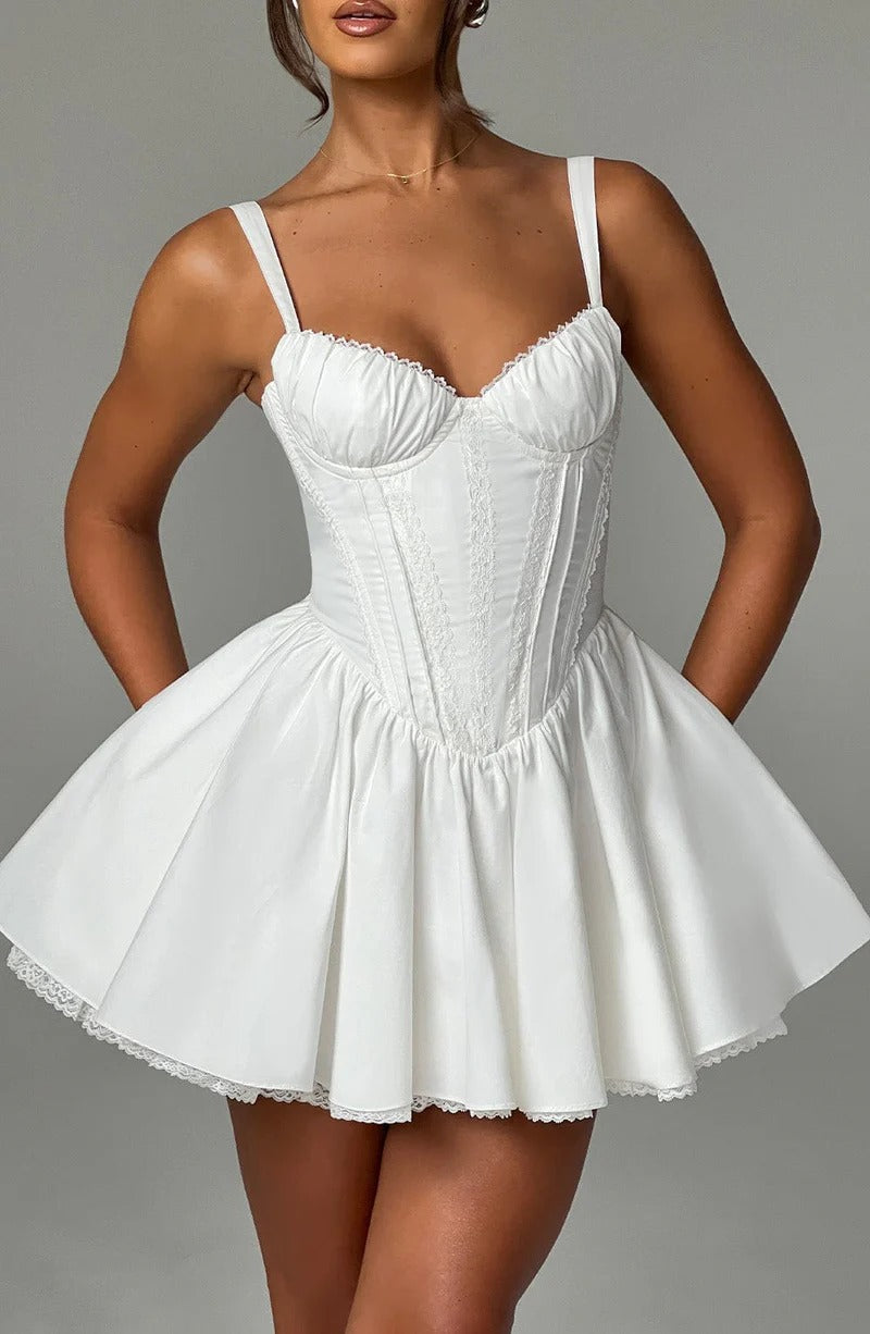 Lace Ruffle Trim Corset Mini Dress in White Avalabel