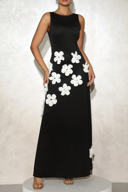 Marcia 3D Flower A-Line Maxi Dress in Black