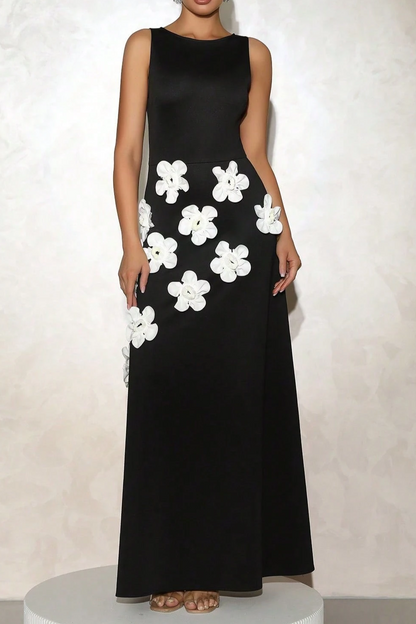 Marcia 3D Flower A-Line Maxi Dress in Black