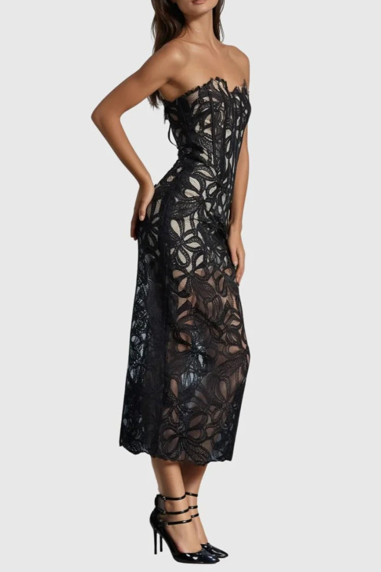 Letitia Strapless Flower Embroidered Midi Dress Avalabel