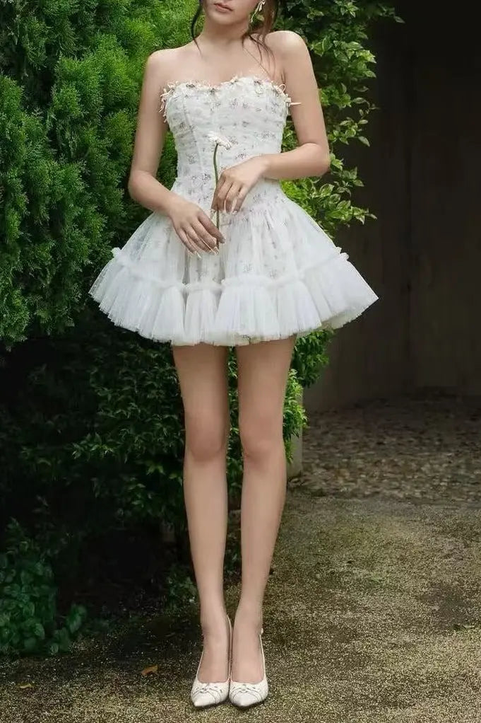 irene floral print strapless tulle mini dress in white Avalabel