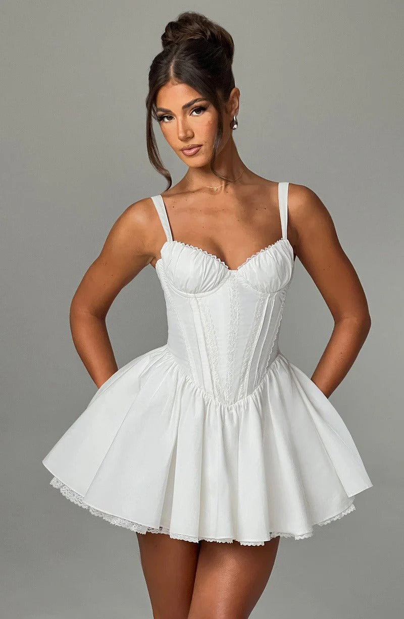 Lace Ruffle Trim Corset Mini Dress in White Avalabel