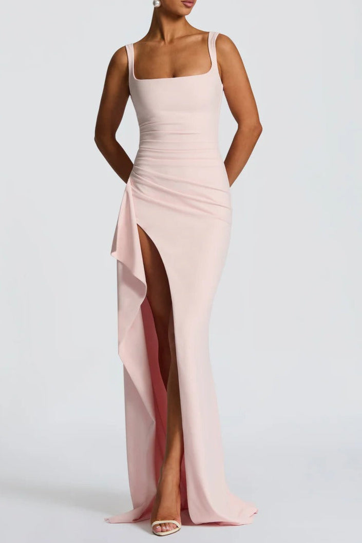 Pleated High Slit Stretch Crepe Maxi Dress in Pink Avalabel