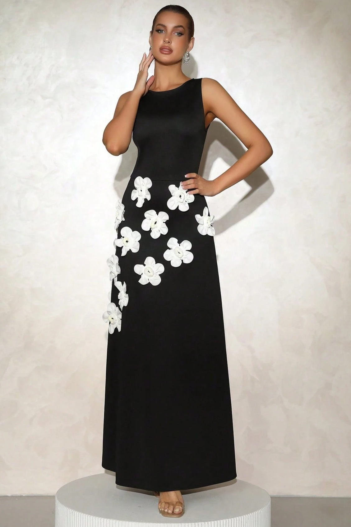 Marcia 3D Flower A-Line Maxi Dress in Black