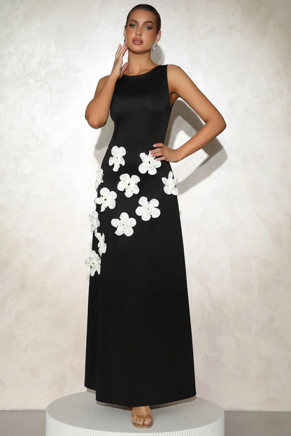 Marcia 3D Flower A-Line Maxi Dress in Black