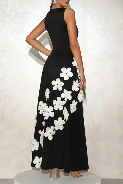 Marcia 3D Flower A-Line Maxi Dress in Black