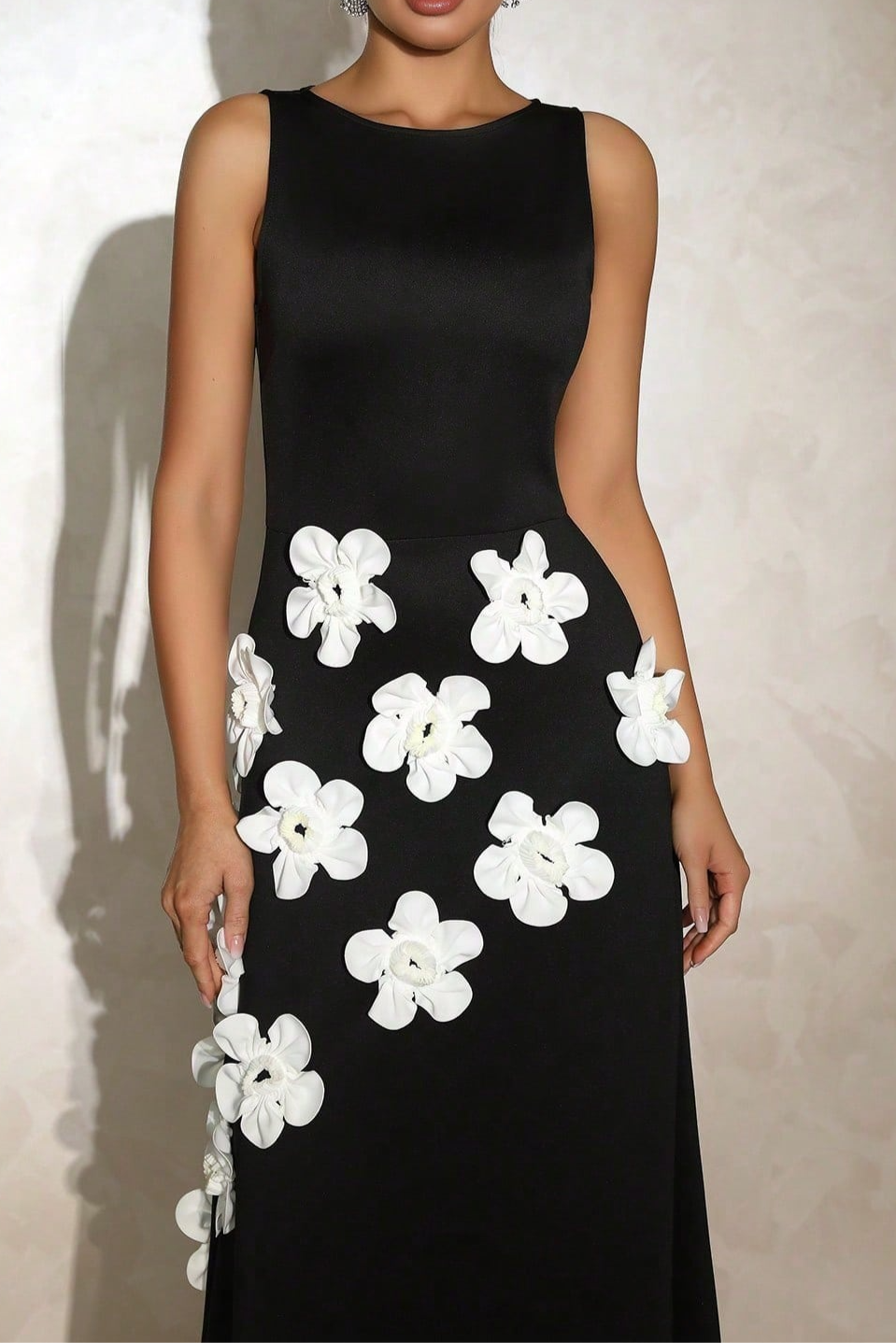 Marcia 3D Flower A-Line Maxi Dress in Black