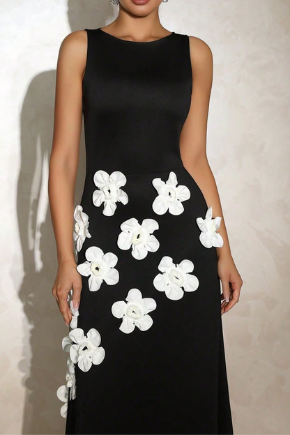 Marcia 3D Flower A-Line Maxi Dress in Black