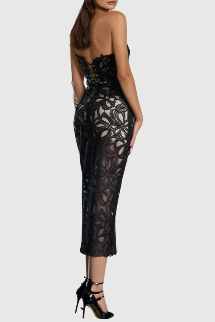 Letitia Strapless Flower Embroidered Midi Dress Avalabel