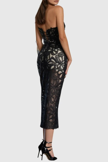 Letitia Strapless Flower Embroidered Midi Dress