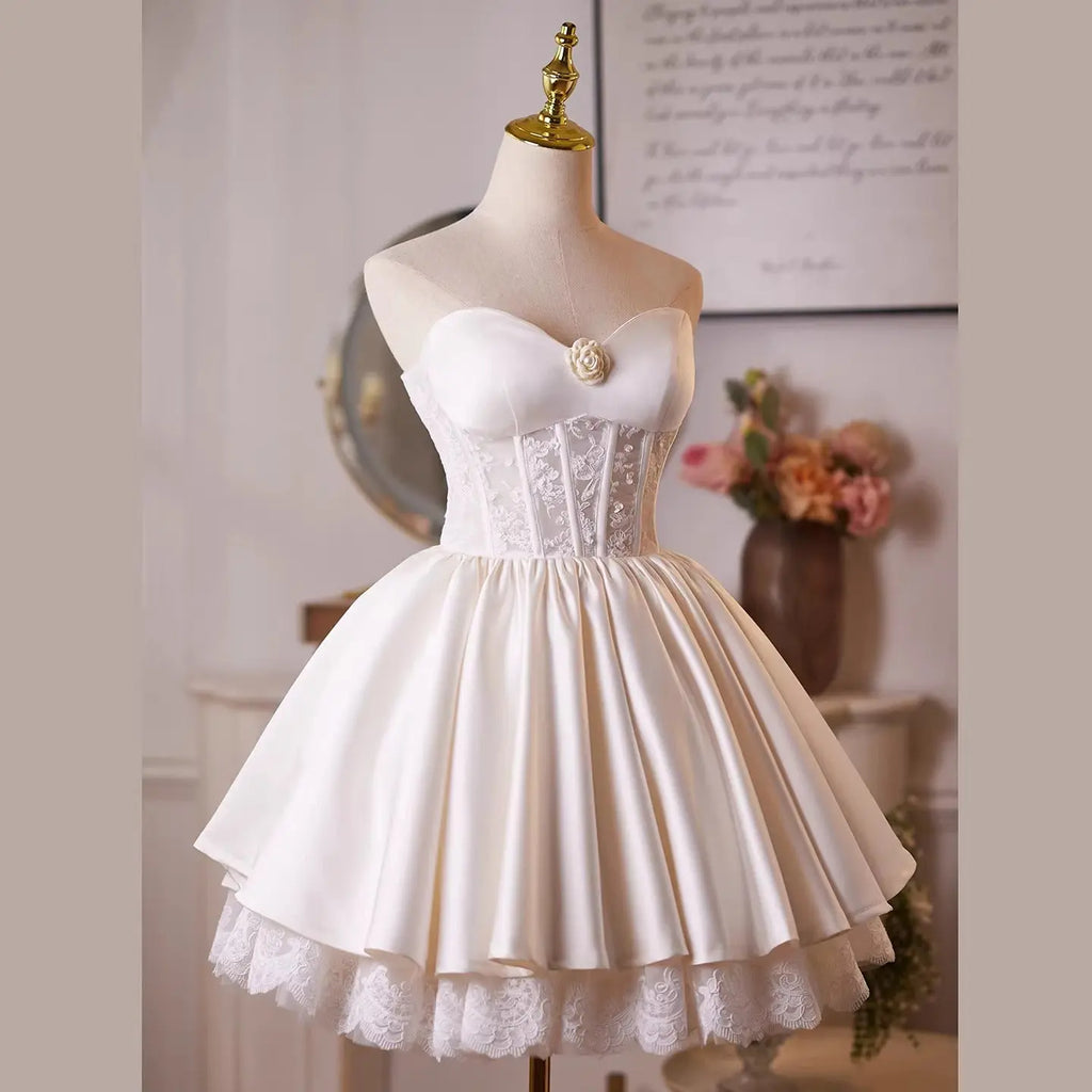 Helen White Flower Strapless Lace Satin Mini Dress Avalabel