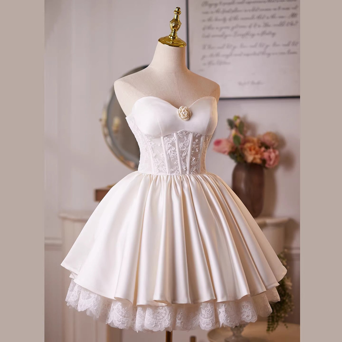 Helen White Flower Strapless Lace Satin Mini Dress