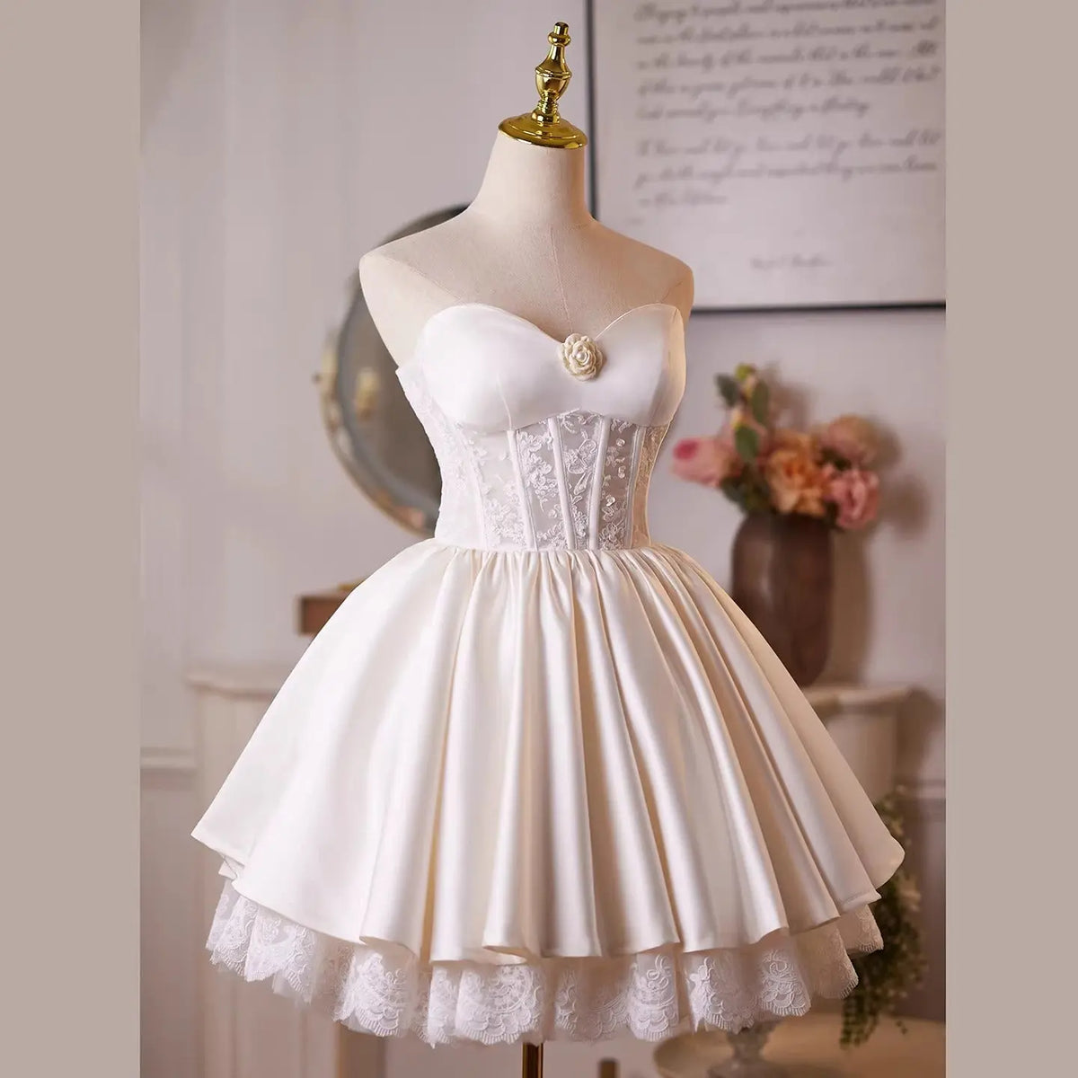 Helen White Flower Strapless Lace Satin Mini Dress Avalabel