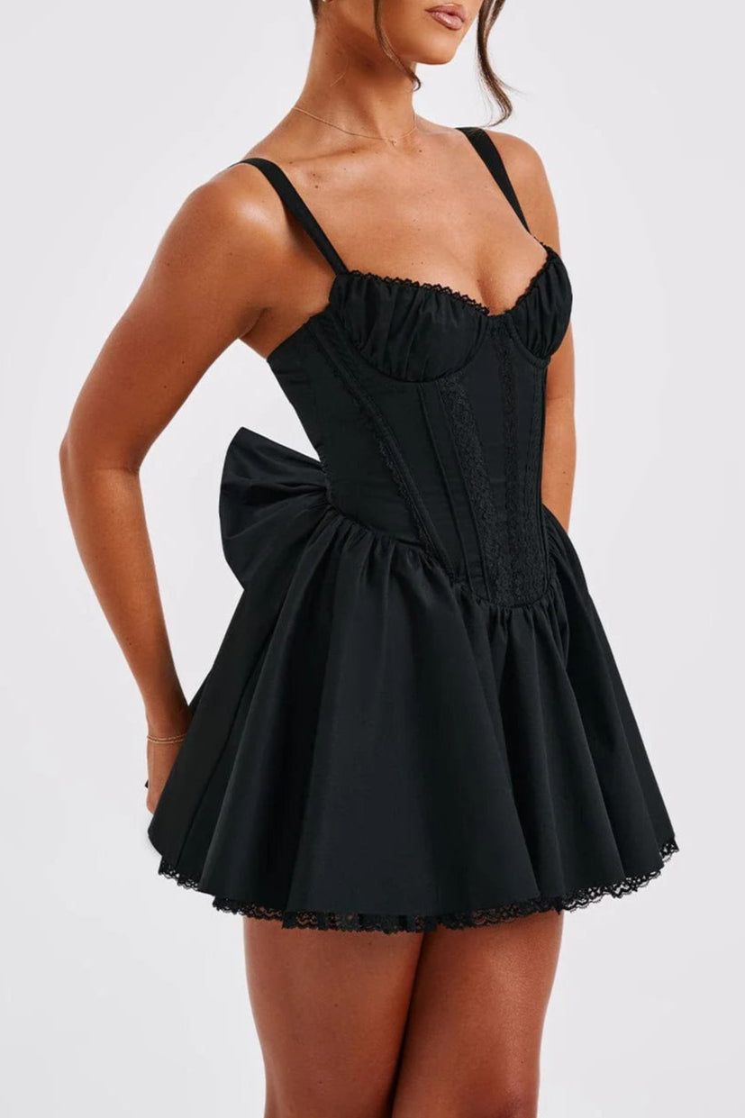 Lace Ruffle Trim Corset Mini Dress in Black Avalabel