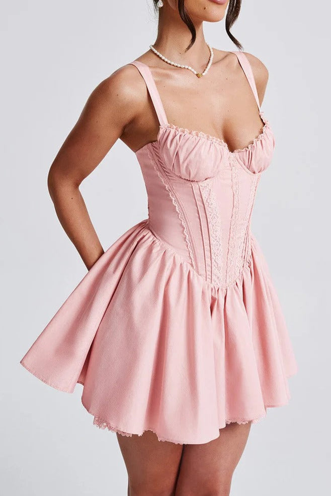 Lace Ruffle Trim Corset Mini Dress in Pink Avalabel