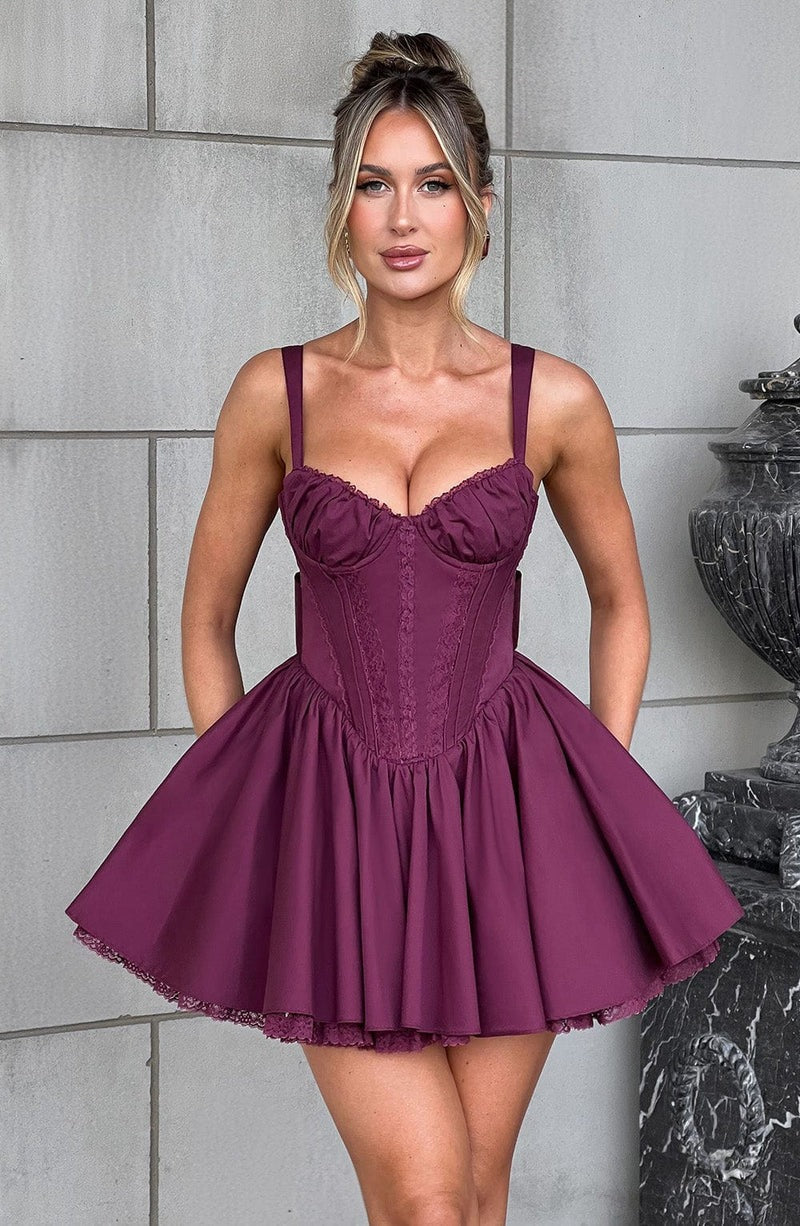 Lace Ruffle Trim Corset Mini Dress in Purple Avalabel
