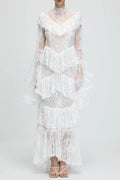 sylvia Sheer lace trumpet sleeve maxi dress in white Avalabel