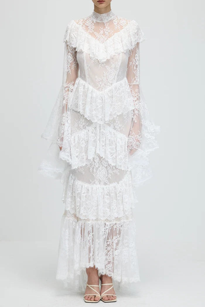 sylvia Sheer lace trumpet sleeve maxi dress in white Avalabel