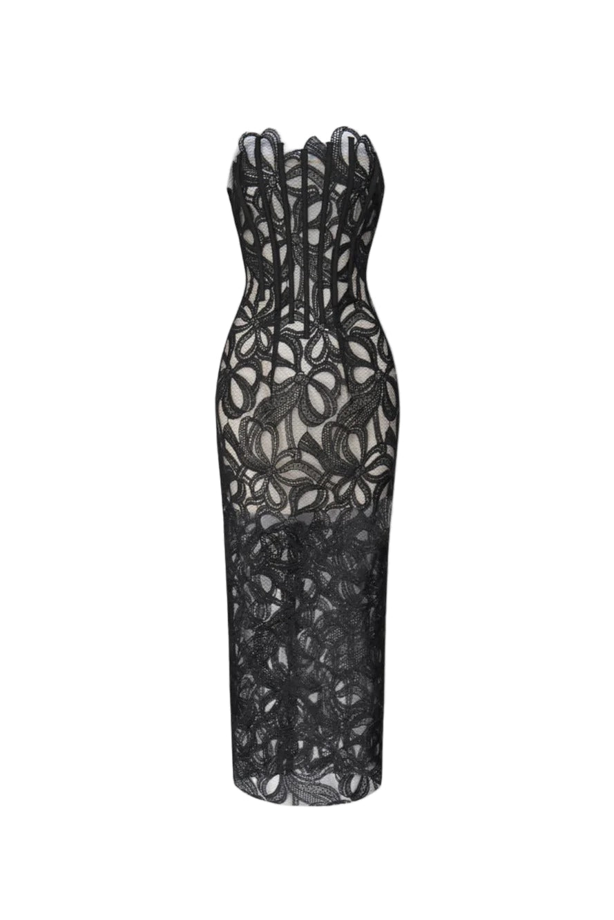 Letitia Strapless Flower Embroidered Midi Dress Avalabel