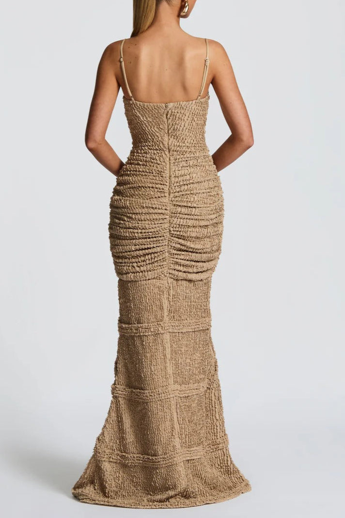 Slit Pleated Bodycon Maxi Dress in Ivory Avalabel