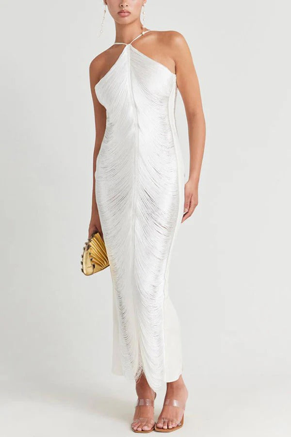 tassel rear slit halterneck dress Avalabel