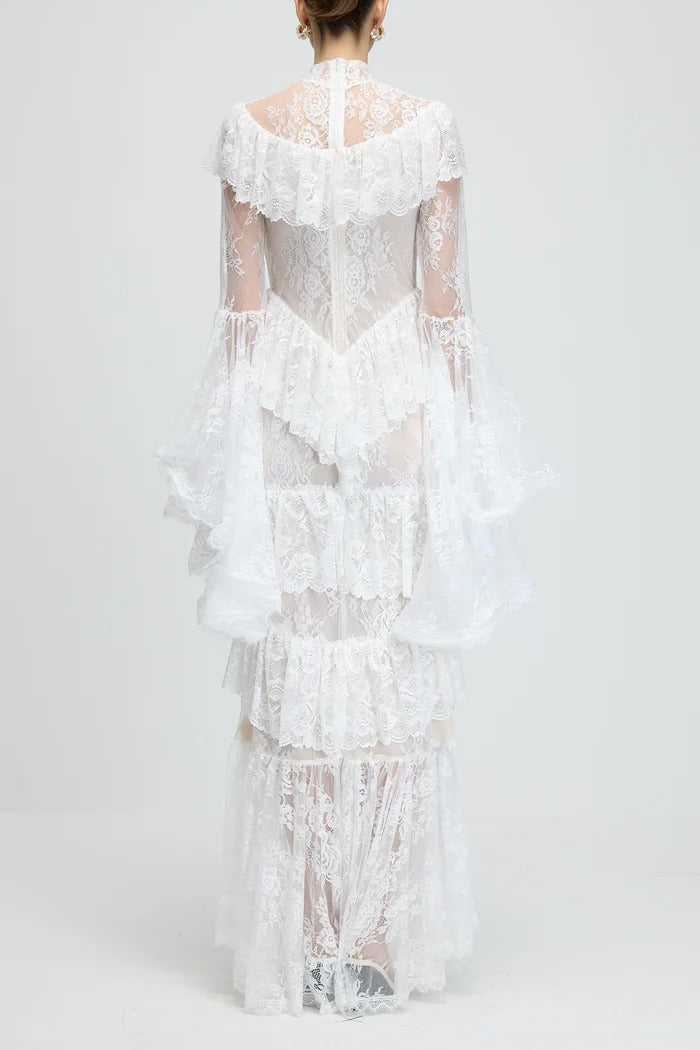 sylvia Sheer lace trumpet sleeve maxi dress in white Avalabel
