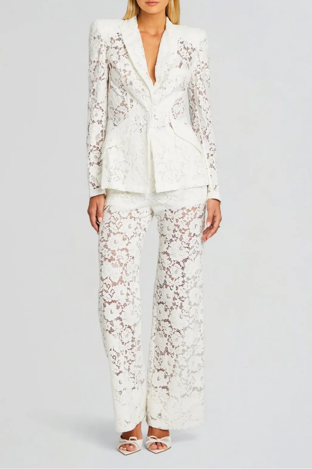 elvira v-neck Lace Blazer set in white Avalabel