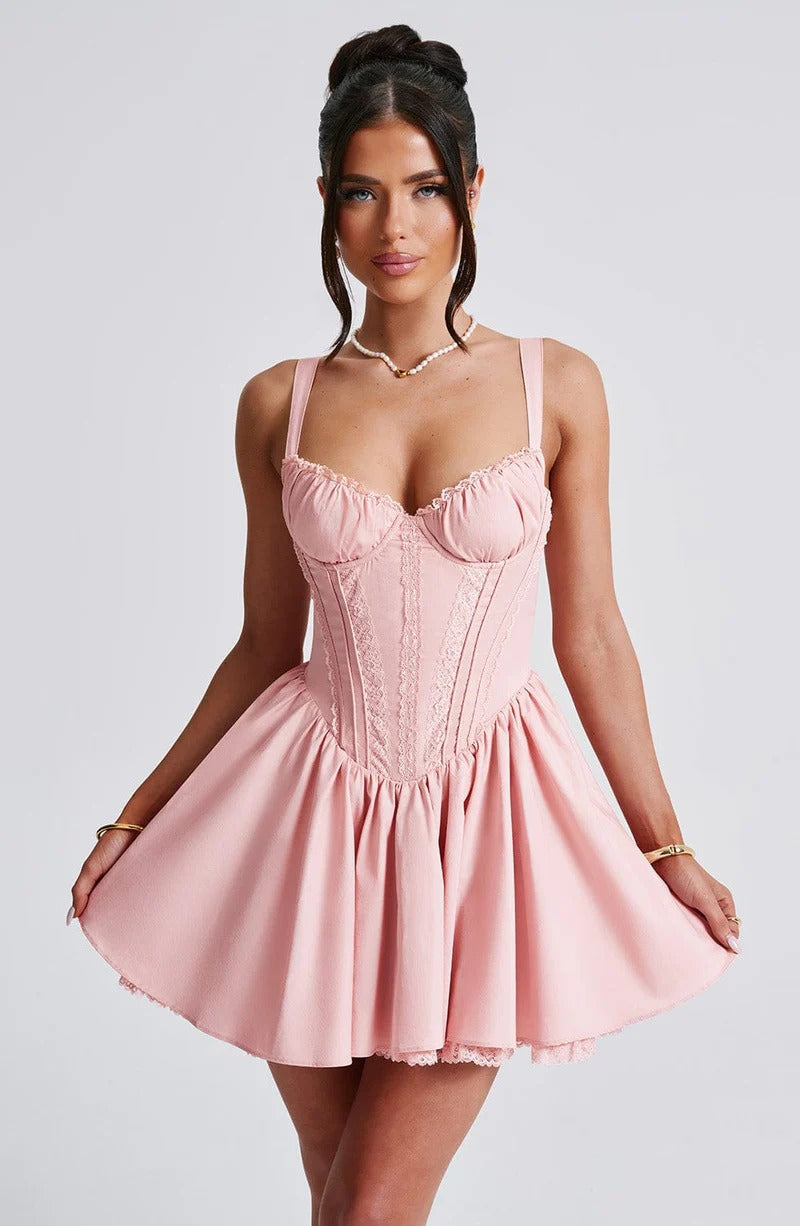Lace Ruffle Trim Corset Mini Dress in Pink Avalabel