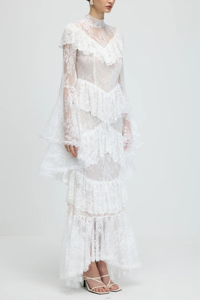 sylvia Sheer lace trumpet sleeve maxi dress in white Avalabel
