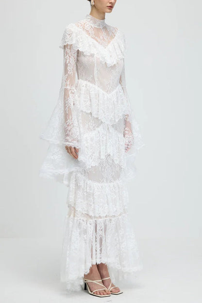 sylvia Sheer lace trumpet sleeve maxi dress in white